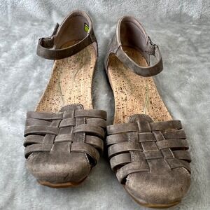 Ahnu Gray Leather Woven Huarache Sandals Womens 7.5 Cork Footbed Boho Festival